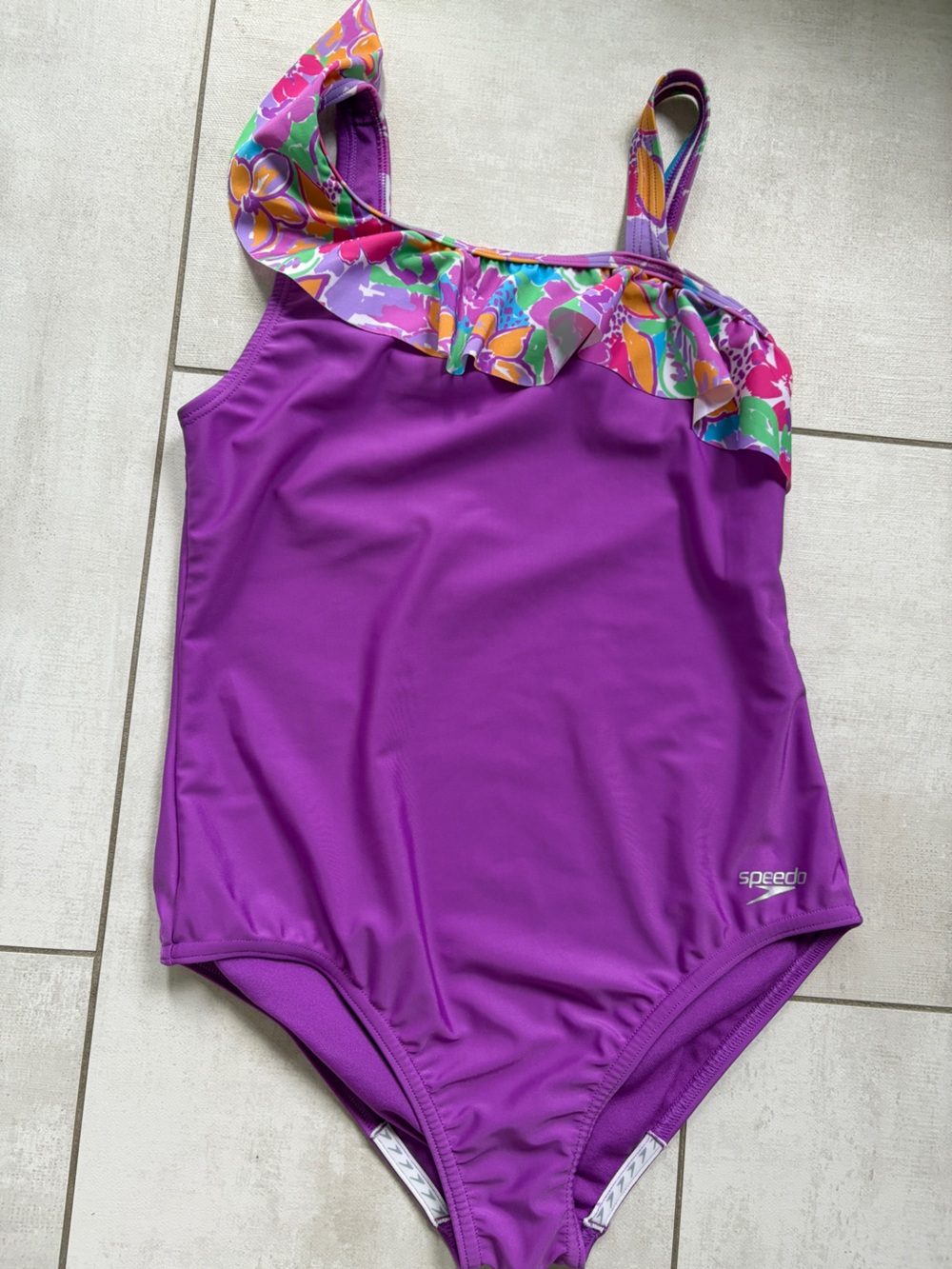 Speedo Purple Girls' One-Piece Swimsuit with Floral Ruffle XL